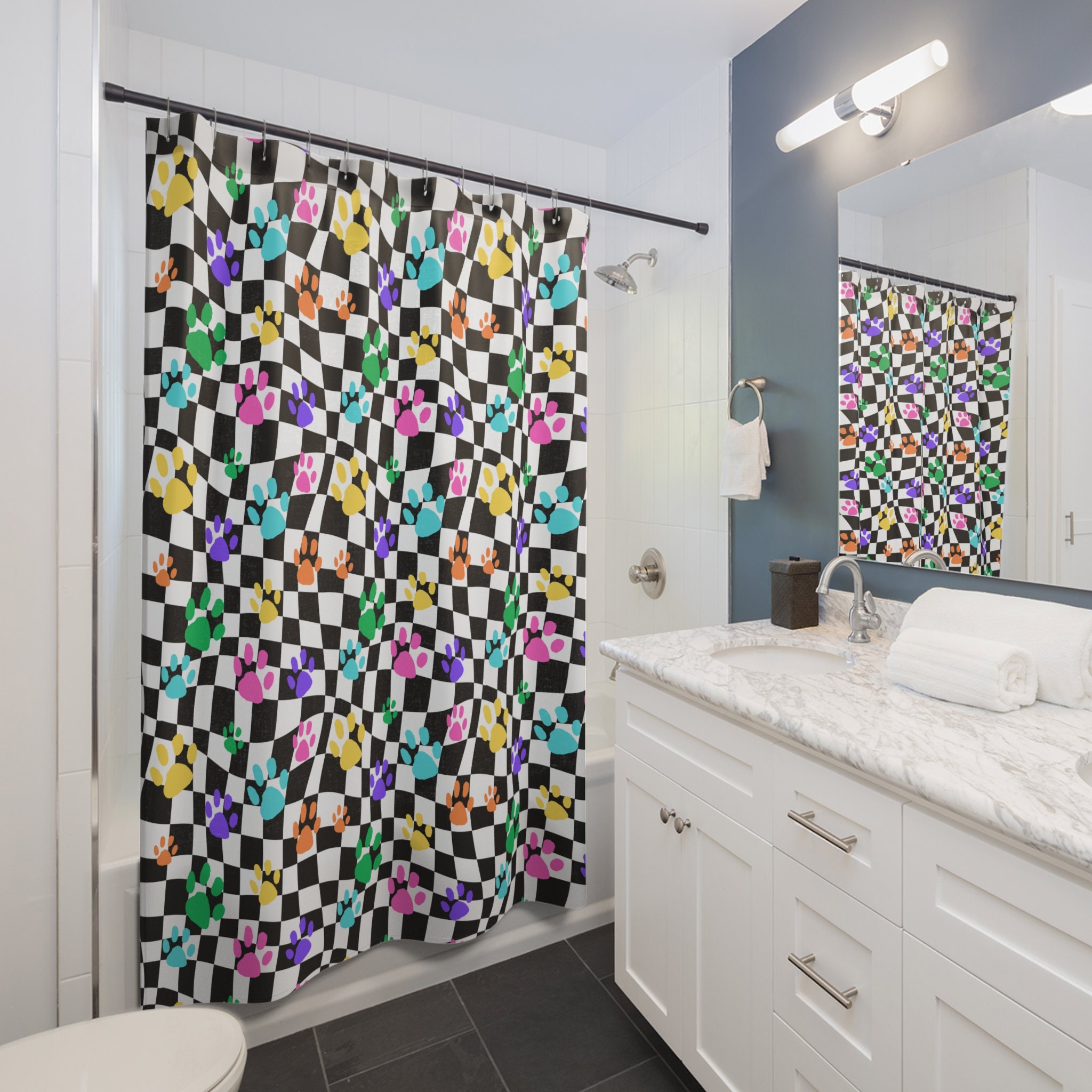 Retro Neon Pawprint Black & White Shower Curtain Colorful, Fun Shower Curtain 90's Shower ...