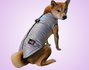 Iridescent Silver Puffer Dog Coat: Waterproof Winter Jacket with Leash Rings