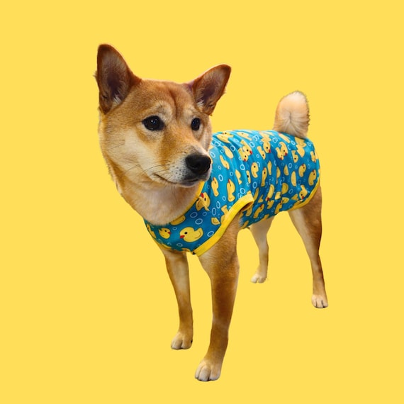 ラバーダッキー犬用タンクトップ：ティール＆イエローの男の子用犬服