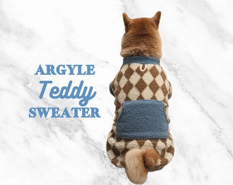 Pulôver de lã Argyle Teddy para cachorro: casaco de inverno com bolso