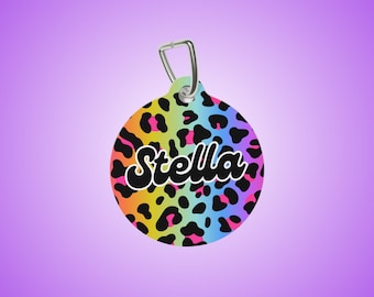 Etiqueta de identificación de mascota de leopardo arcoíris: etiqueta personalizada para perro y gato estilo años 90