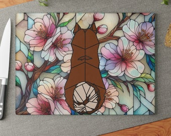 Stained Glass Shiba Inu Cutting Board: Cherry Blossom Kitchen Decor
