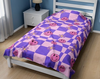 Retro 90s Smiley Face Blanket: Pink & Purple Velveteen Plush
