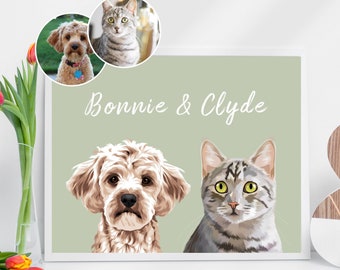Custom Multiple Pet Portrait From Photo Personalized Hand Drawn Cat Portrait With Name Wall Art Digital Print 2/3 Dog Portrait Pet Memorial