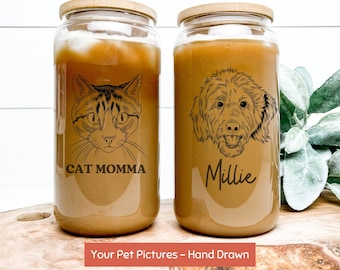 Vaso personalizado con forma de lata de café para perros con tapa de bambú y pajita, taza de cristal Libbey para mamás de perros, taza de cristal transparente con forma de lata de cerveza para mascotas y retrato personalizado de mascota.