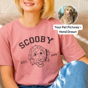 Custom Pet T-Shirt Using Pet Photo + Name Personalized Hand Drawn Dog Portrait Tee Shirt Custom Dog Short Sleeve Tee Custom Cat Varsity Tee