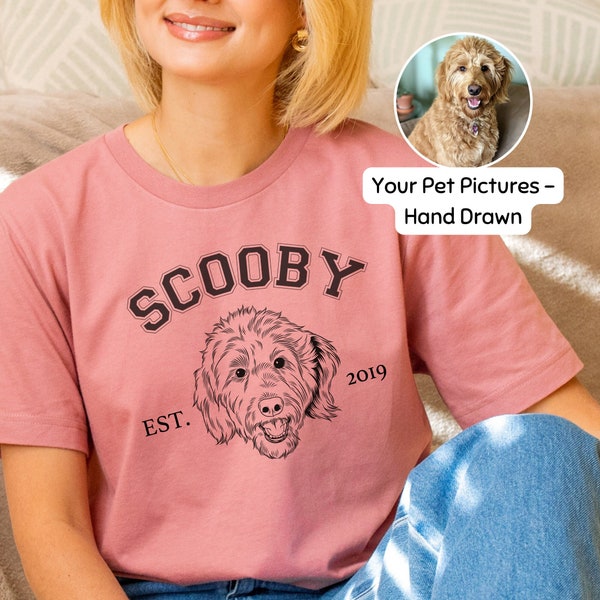 Custom Pet T-Shirt Using Pet Photo + Name Personalized Hand Drawn Dog Portrait Tee Shirt Custom Dog Short Sleeve Tee Custom Cat Varsity Tee