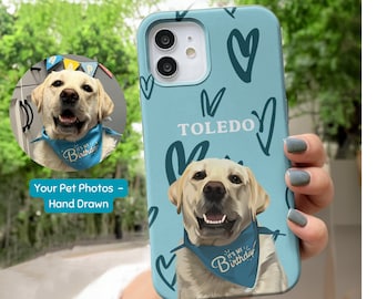 Funda personalizada para teléfono con foto de mascota, funda personalizada para teléfono con perro dibujado a mano y nombre de la mascota, funda personalizada para teléfono con cabeza de gato, iPhone Galaxy, retrato de perro.