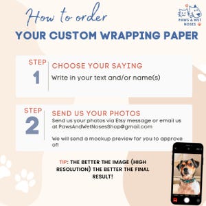 Op de afbeelding: Afbeelding met instructies voor het bestellen van gepersonaliseerd cadeaupapier. De stappen omvatten het kiezen van een tekst en het verzenden van foto's via Etsy-bericht of e-mail. Een telefoon toont een foto van een hond. Tekst: "Hoe u uw gepersonaliseerde cadeaupapier bestelt."