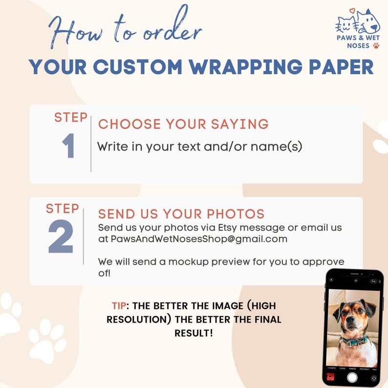 Op de afbeelding: Afbeelding met instructies voor het bestellen van gepersonaliseerd cadeaupapier. De stappen omvatten het kiezen van een tekst en het verzenden van foto's via Etsy-bericht of e-mail. Een telefoon toont een foto van een hond. Tekst: "Hoe u uw gepersonaliseerde cadeaupapier bestelt."