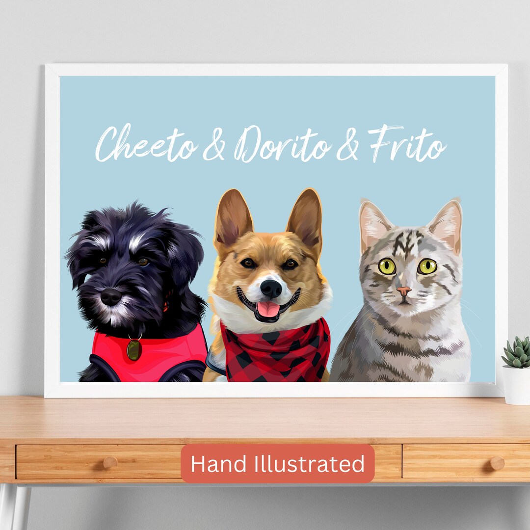 Personalized Pet Portrait From Photo + Name Custom Hand Drawn Group Cat ...
