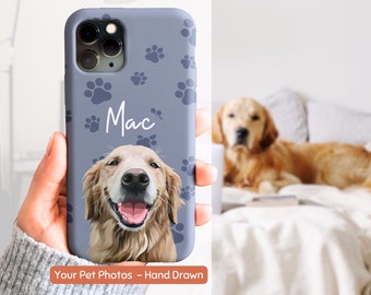 Funda personalizada para teléfono con foto de mascota, funda personalizada para teléfono con perro dibujada a mano con nombre de mascota, funda personalizada para teléfono con cara de gato, iPhone Galaxy Dog Portrait Phone