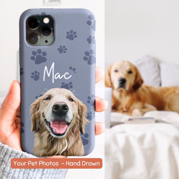 Custom Pet Photo Phone Case Personalized Hand Drawn Dog Phone Case With Pet Name Custom Cat Face Phone Case iPhone Galaxy Dog Portrait Phone