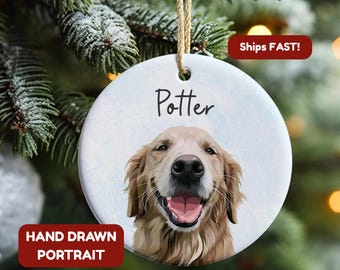 Custom Pet Portrait Ornament – Hand Drawn Dog Ceramic Decoration, Cat Personalized Holiday Tree Memorial Gift With Name, Pup Remembrance