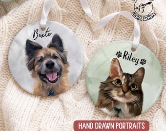 Custom Pet Portrait Ornament – Hand Drawn Dog Ceramic Decoration, Cat Personalized Holiday Tree Memorial Gift With Name, Pup Remembrance