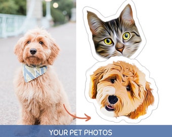 May include: Two pet portraits, a cat and a dog, are shown in a cartoon style. The cat is a tabby with yellow eyes and the dog is a light brown doodle with a black nose.