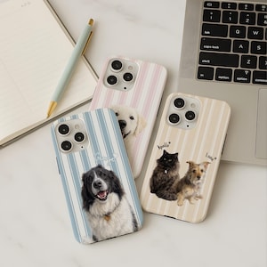 Coque de téléphone personnalisée rayée pour animal de compagnie, coque de téléphone personnalisée aquarelle avec photo pour chien avec nom, coque de téléphone personnalisée visage de chat pour iPhone Galaxy, cadeau pour amoureux des chiens