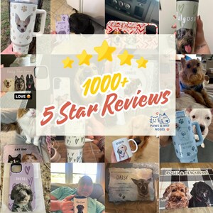 May include: A collage of pet-themed products, including mugs, phone cases, and a blanket, each featuring a pet's image. The image includes the text "1000+ 5 Star Reviews" and the logo "Paws & Wet Noses".