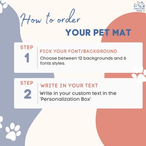 May include: An informational graphic with a blue and coral color scheme. The text reads "How to order YOUR PET MAT." Instructions include choosing a font/background and writing custom text in the personalization box.