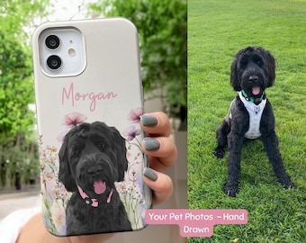 Personalized Pet Photo Phone Case Custom Hand Drawn Dog Phone Case With Pet Name Floral Cat Face Phone Case iPhone Flower Dog Portrait Phone