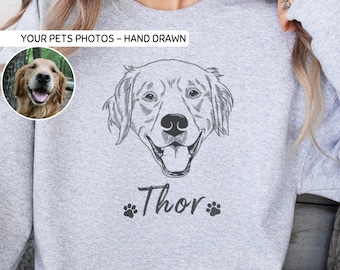 May include: A light gray sweatshirt featuring a hand-drawn illustration of a dog's face, with the name "Thor" and paw prints below. The text "YOUR PETS PHOTOS - HAND DRAWN" is above the dog illustration. A small photo of a golden retriever is in the upper left.