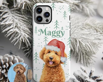 Funda de teléfono personalizada para mascotas navideñas, con diseño de perro de acuarela y nombre, para iPhone Galaxy.