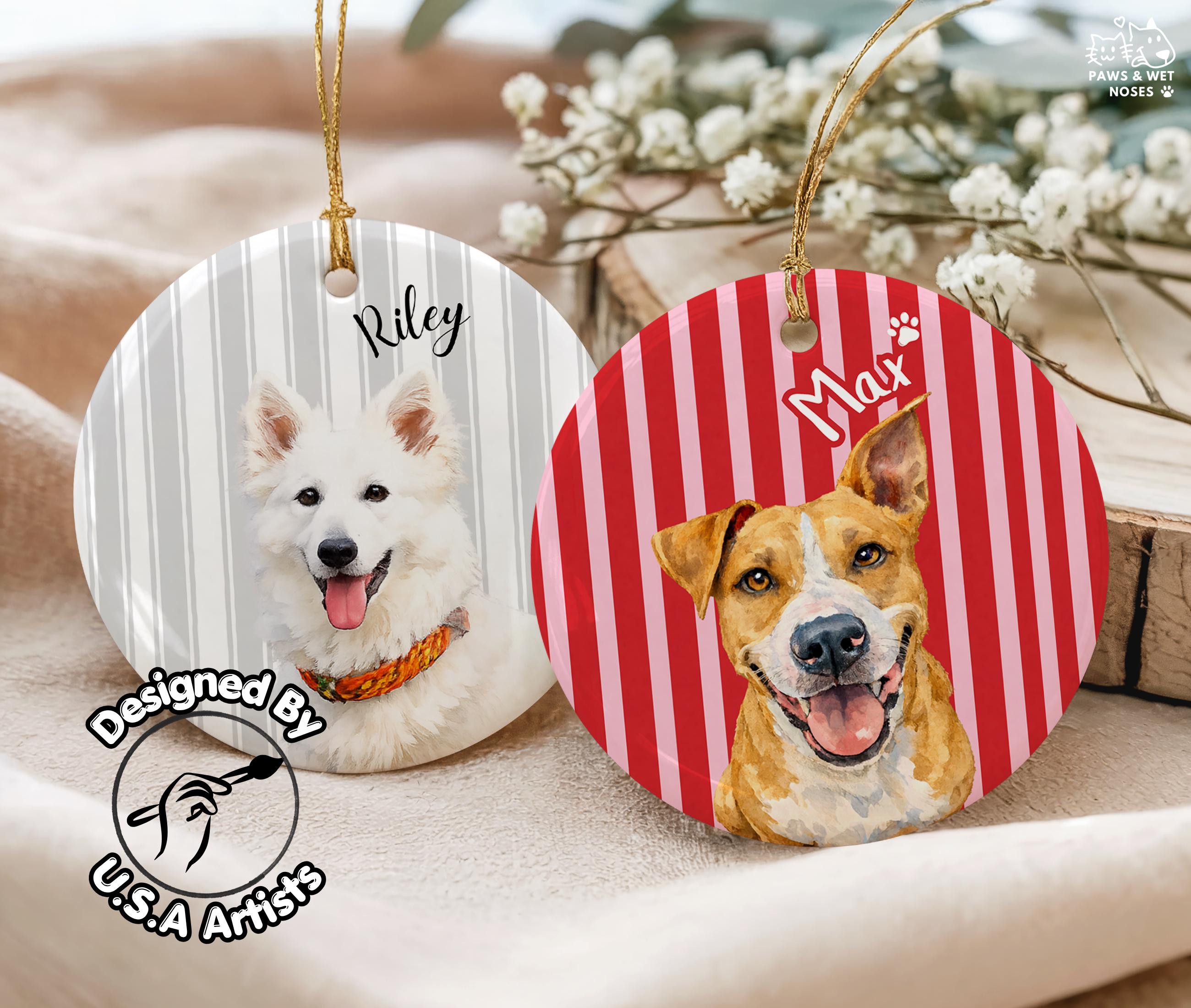 Personalized Pet Portrait Ornament – Custom Watercolor Striped Memorial ...