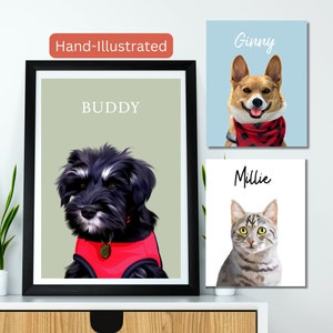 Custom Pet Portrait Using Photo, Personalized Dog Illustration Portrait Dog Wall Art With Name Hand Drawn Cat Digital Printable Pet Memorial