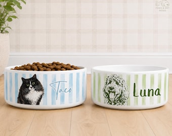 Personalized Pet Striped Bowl With Pet Name Photo, Custom Ceramic Dog Food Water Bowl, Cat Bowl With Name, Custom Portrait Feeding Dish