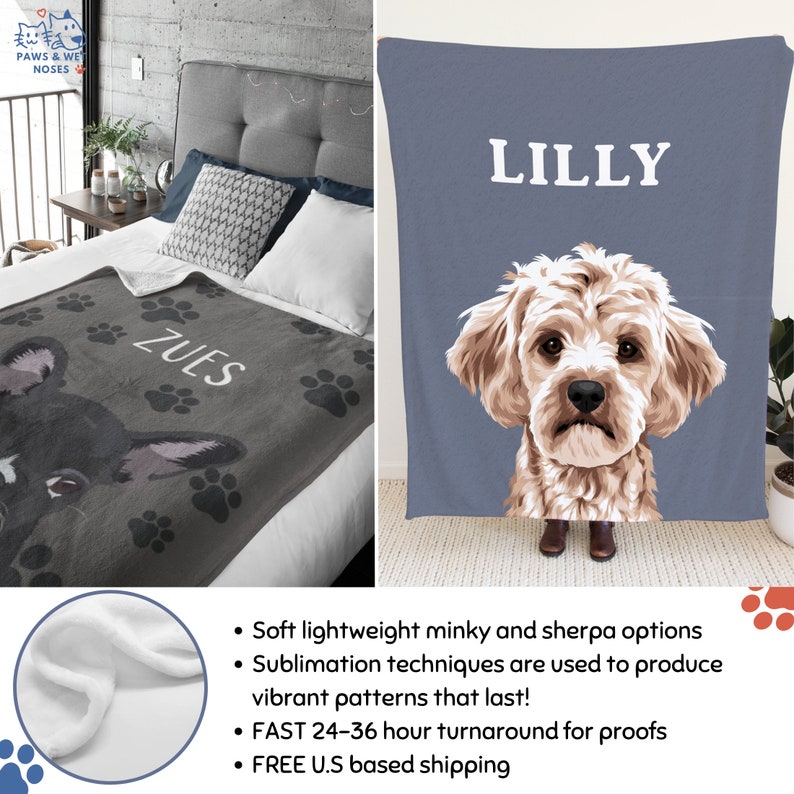 Personalized Blanket Using Pet Photo Name Custom Hand Drawn Dog Minky ...