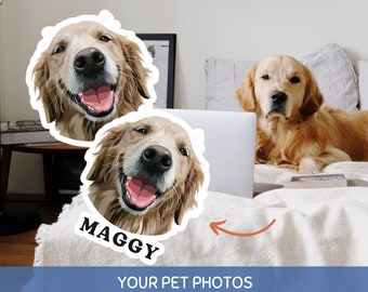 May include: Two digital illustrations of a golden retriever dog with the name "Maggy" written below one of the illustrations. The illustrations are on a white background. The image also shows a real golden retriever dog lying on a bed.