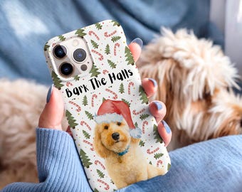 Funda de teléfono personalizada para mascotas navideñas, con diseño de perro de acuarela y nombre, para iPhone Galaxy.