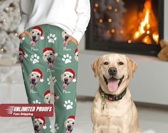 Personalized Christmas Pajama Pants With Pet Photo + Name Personalized Pet Face Pajama Bottoms Custom Cat Pyjama Dog Matching Pjs Cat Pajama