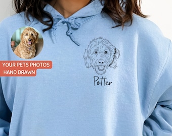Puede incluir: Una sudadera con capucha azul claro con una ilustración dibujada a mano de un perro en la parte delantera. El nombre del perro, "Potter", está escrito debajo de la ilustración. Un círculo más pequeño en la sudadera muestra una foto del mismo perro.
