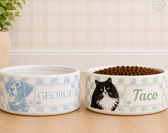 Personalized Pet Checkered Bowl With Pet Name Photo, Custom Ceramic Dog Food Water Bowl, Cat Bowl With Name, Custom Portrait Feeding Dish