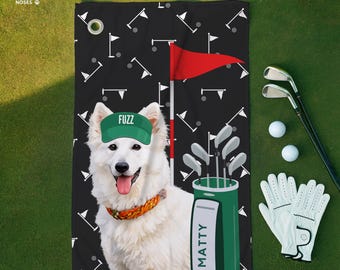 Toalla de golf personalizada para mascotas con foto de la mascota, nombre del perro personalizado en la toalla de golf, regalo personalizado para gatos, regalo para jugadores de golf, paño de golf para caddies.