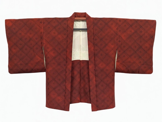 Veste Haori Vintage Rouge Brique Quadrillé, veste mi saison, kimono court, fait main,  pièce unique