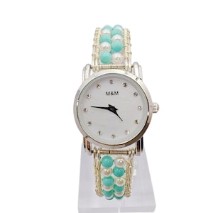 Cuentas de perlas azules y blancas Reloj de pulsera Reloj de pulsera con cuentas Reloj de mujer personalizado Regalos para la joyería de su boda Regalos para el día de la madre