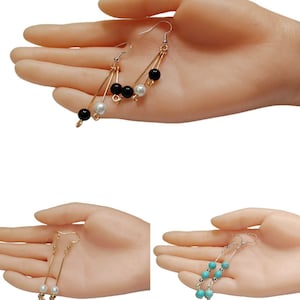 Handmade Beaded Dangle Earrings: Turquoise & Pearl, 18K Gold Hooks