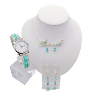 Turquoise Semi Precious Stone Bracelet Watch Beaded Bracelet Watch Name Necklace and Earrings  Wedding Jewelry  Ladies Watch Gift for her