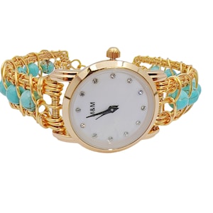 Handmade Turquoise Beaded Bracelet Watch: Wire Wrapped Copper Jewelry