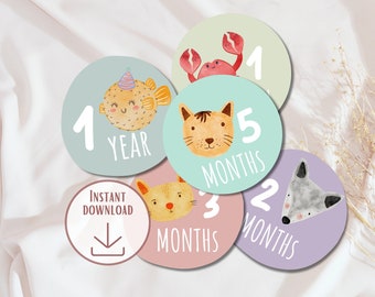 RoundBaby's First Year Milestone Cards - Instant Download Printable in animal theme
