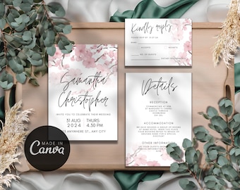 Set of wedding invitation, details and RSVP template - Canva editable template - Sakura pink