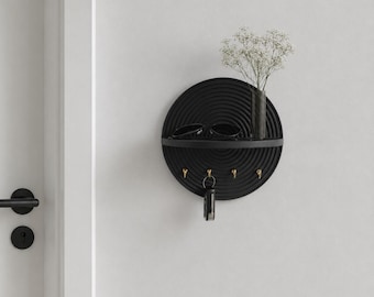 Minimalist Wall Shelf with Key Hooks – Modern Floating Entryway Organizer – Decorative Shelf for Keys, Wallet, Sunglasses & Small Decor