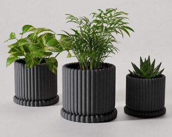 Minimalist Indoor Planter with Drip Tray – Modern Fluted Plant Pot for Succulents & Houseplants
