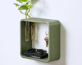 Minimalist Wall Shelf with Key Holder and Propagation Tubes – Modern Entryway Organizer – Floating Shelf for Keys, Wallet & Decor