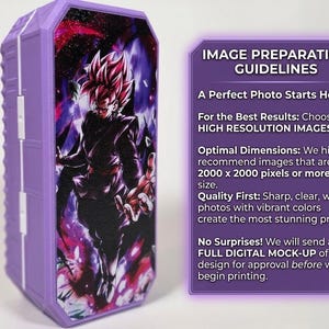 May include: A purple rectangular case with a hinged lid, featuring a vibrant graphic of an anime character with pink hair. The image also includes text: "IMAGE PREPARATION GUIDELINES".