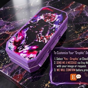 May include: A purple deck box with a graphic design featuring a character in a dynamic pose with pink and purple energy effects. The box has a rectangular shape with a hinged lid. Text on the image provides customization instructions.
