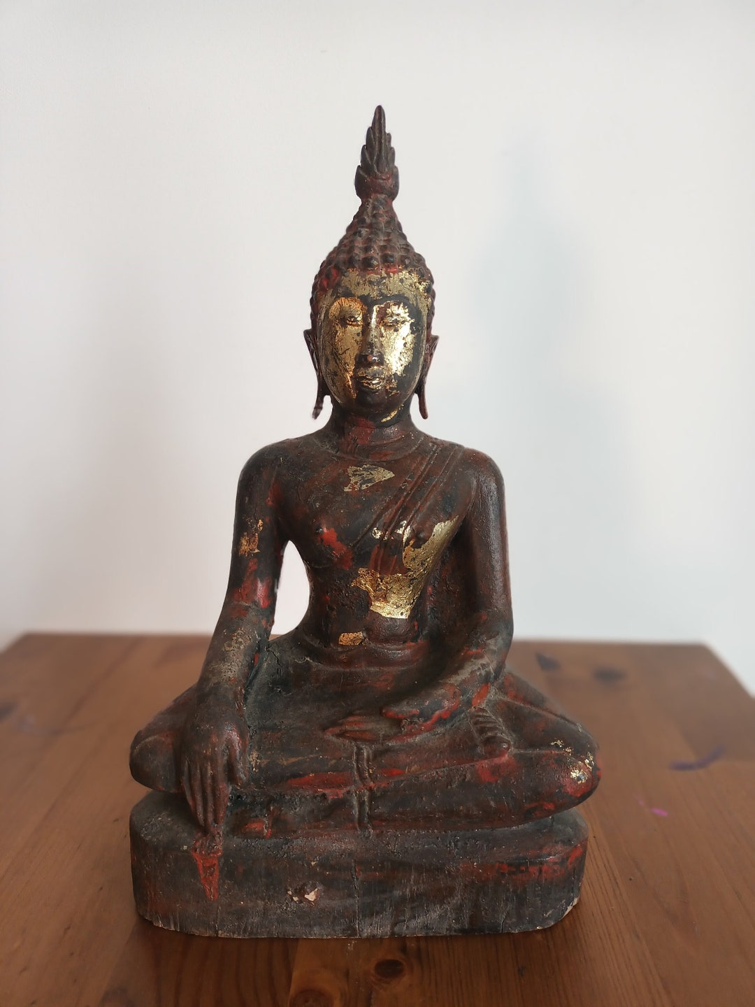 11 Inch Wooden Buddha Sculpture With Antique Finish Etsy