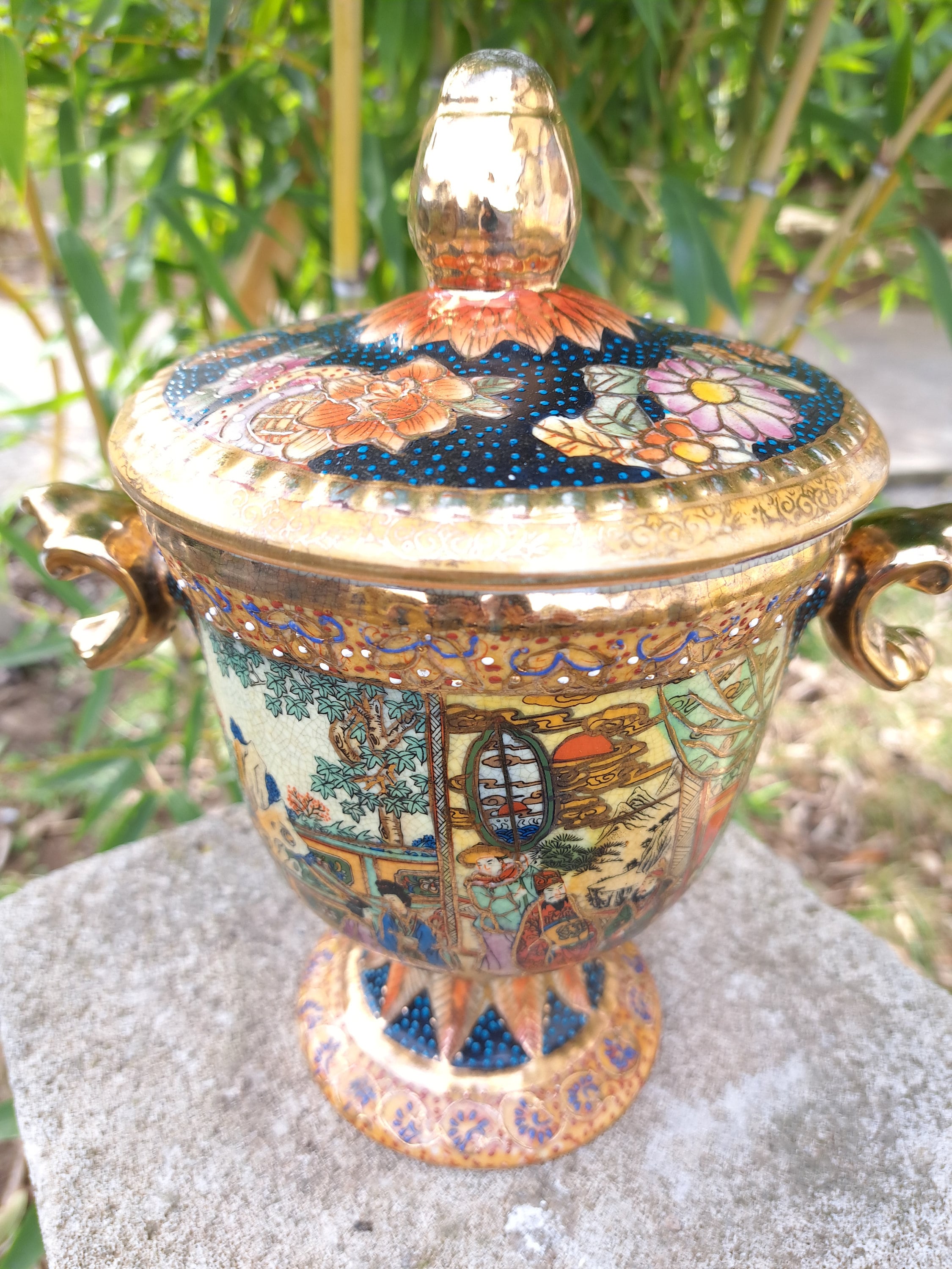 薩摩焼　壺 9.84インチ 薩摩焼 手描き陶器 ハンドル 壷 金箔 - Etsy 日本